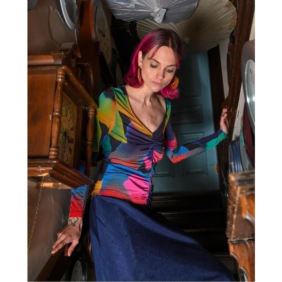 UNTITLED IN MOTION 90s Abstract Print Ruched V-Neck Long Sleeve Slim Fit Top S - Picture 10 of 14